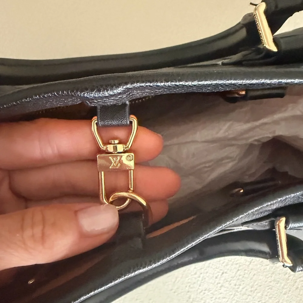 LV Giant Black Embossed Monogram Tote with Tan Interior and Gold Trim